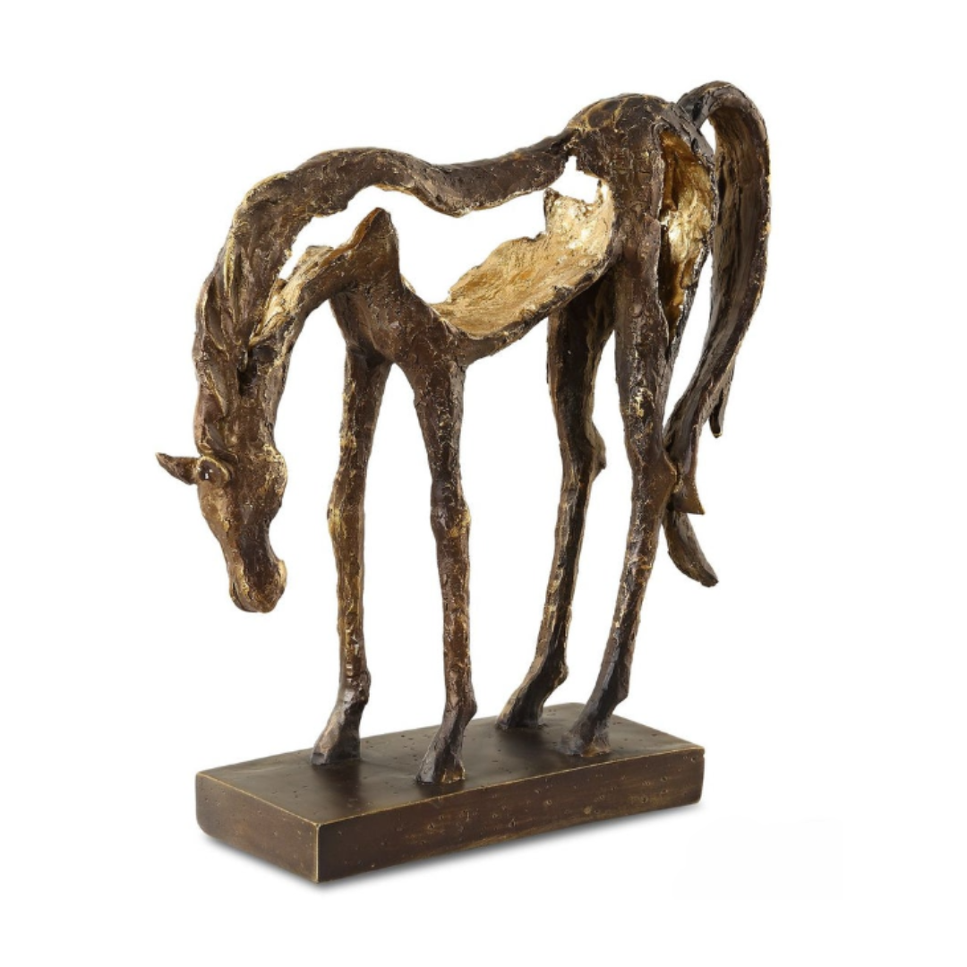 The Eclipse Horse Sculpture is a bronze, abstract horse featuring an elongated neck and head, showcasing timeless elegance. Its skeletal design reveals negative space, with a textured surface in brown and gold hues on a rectangular base.