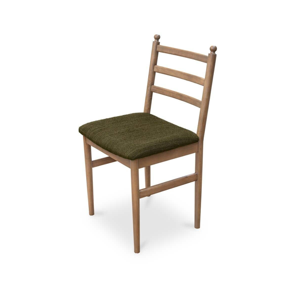A wooden ladder-back dining chair with a textured olive green upholstered seat cushion, shown from a three-quarter angle on a white background.