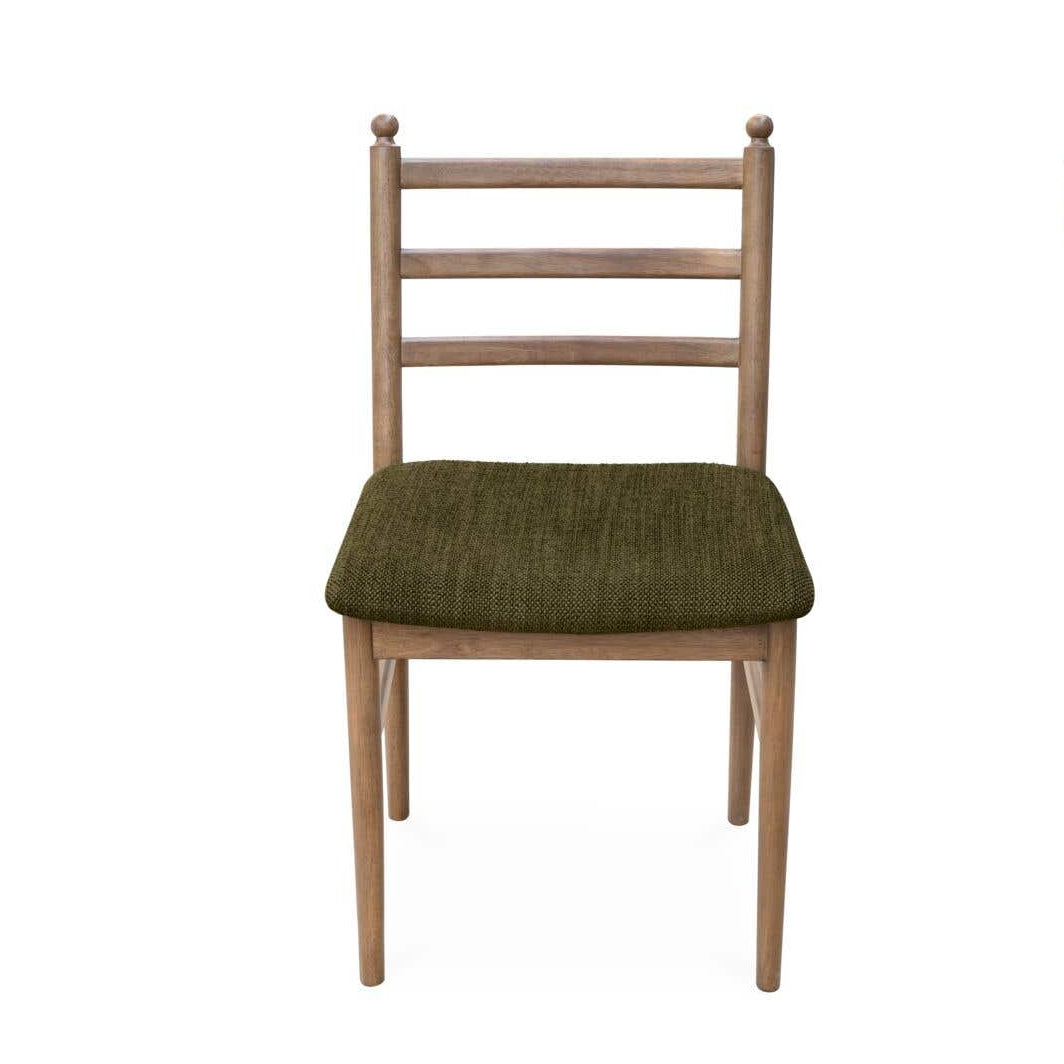 Two wooden dining chairs with olive green upholstered seats, shown from the front and side angles on a plain white background.