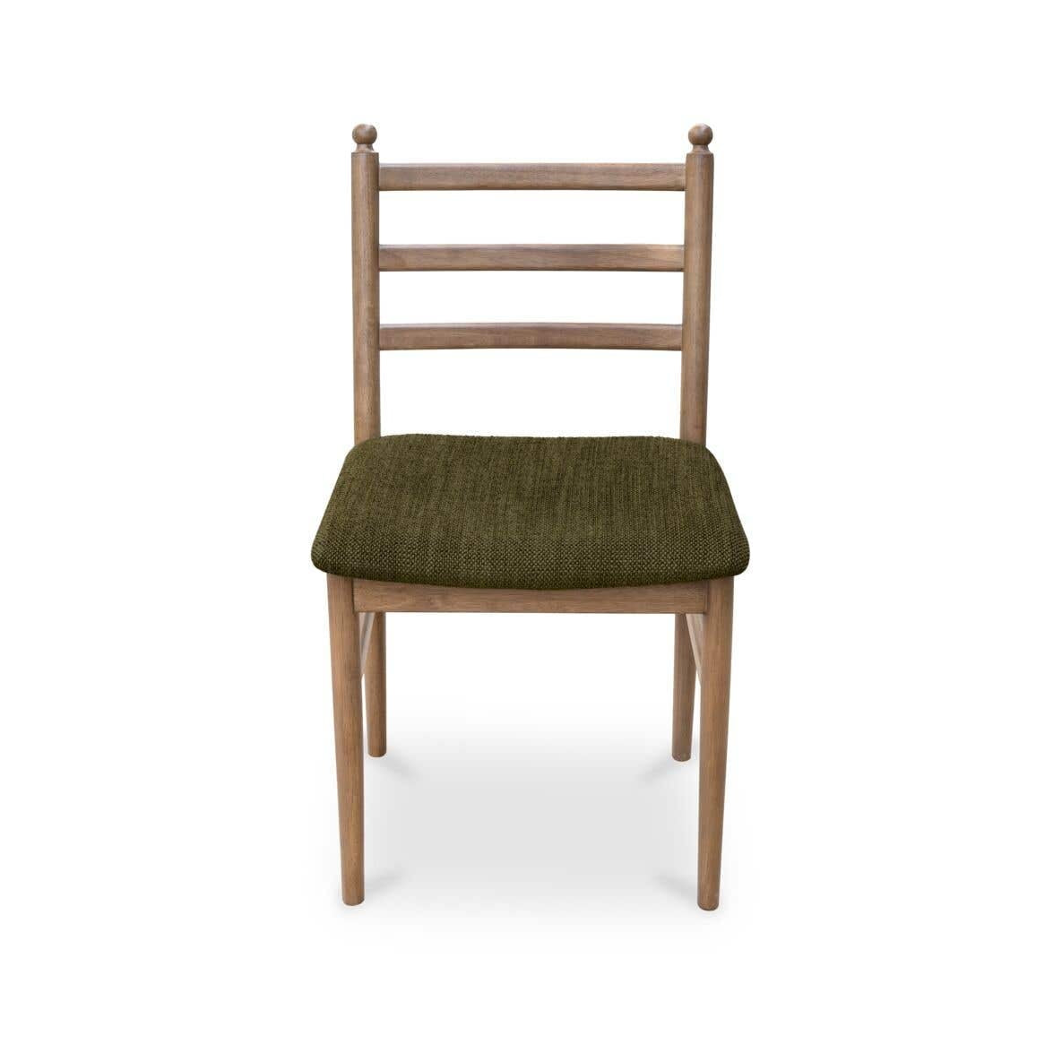 A wooden dining chair with a natural oak frame and a textured olive green upholstered seat cushion, shown against a plain white background.