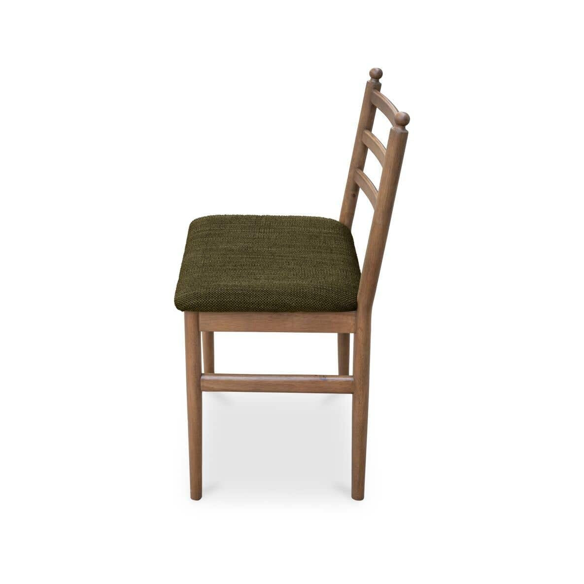 A wooden dining chair with a slatted backrest and a textured olive green upholstered seat cushion, shown from a side angle on a white background.