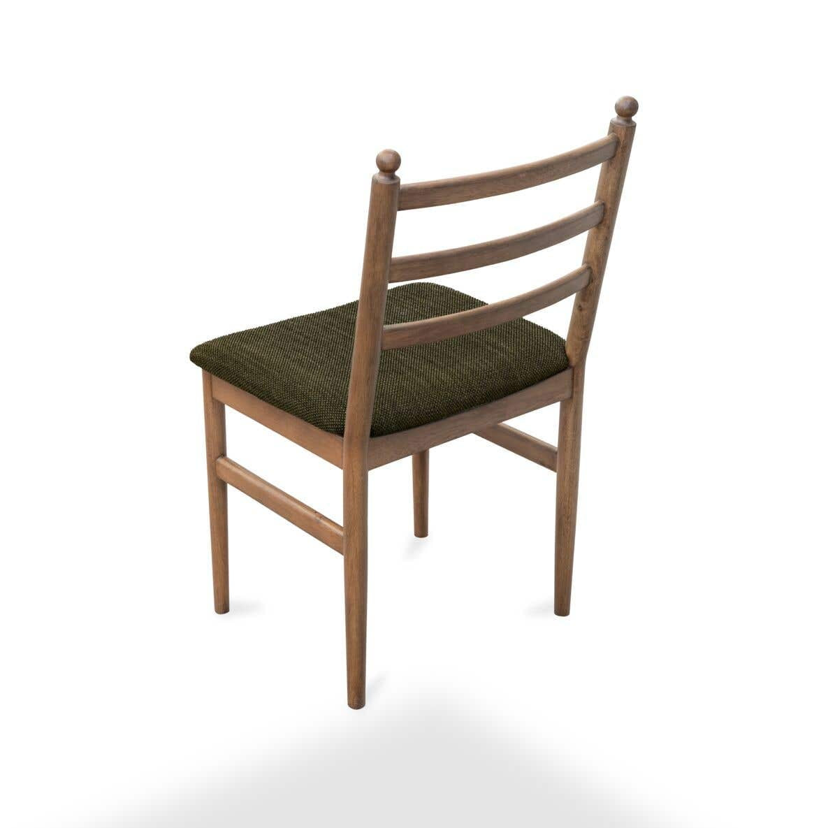 A wooden ladder-back dining chair with a dark olive green upholstered seat cushion, shown from a three-quarters angle on a white background.