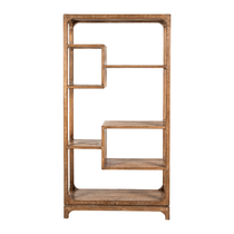 A rustic style bookshelf made of reclaimed pine wood with asymmetrical shelves, featuring a natural grey finish.