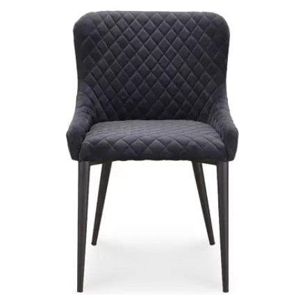 The Etna Dining Chair is a modern, sleek piece with black diamond-tufted velvet upholstery and a cushioned back and seat. The quilted pattern adds elegance, while the slender black legs that taper slightly outward enhance its stylish appeal. This tufted treasure is perfect as both a dining or accent chair.