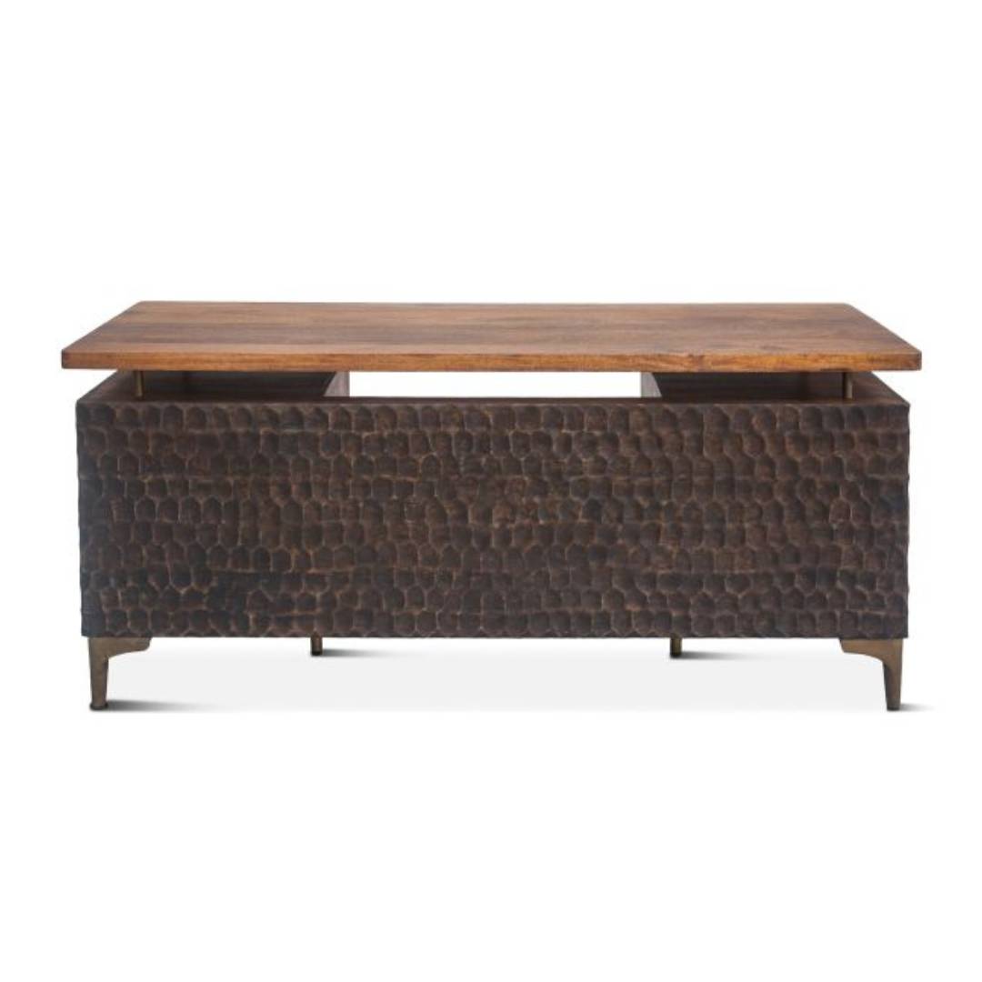Wooden coffee table with a textured bronze base on a white background