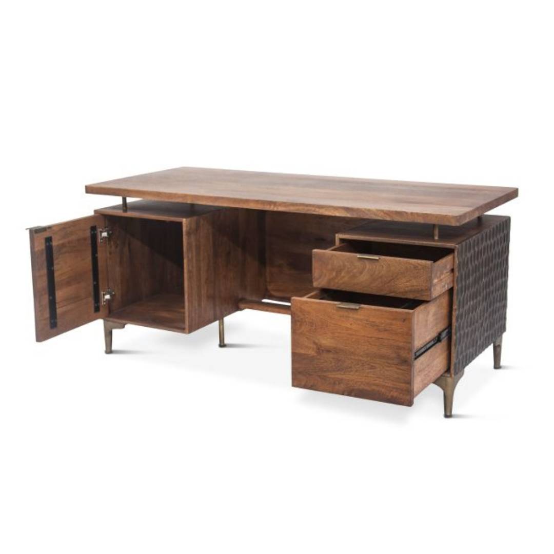 The Cruz Office Desk features solid mango wood with a natural finish, left-side cabinet with door, right-side storage with two open drawers, metal legs, and a textured panel—perfect for contemporary offices.