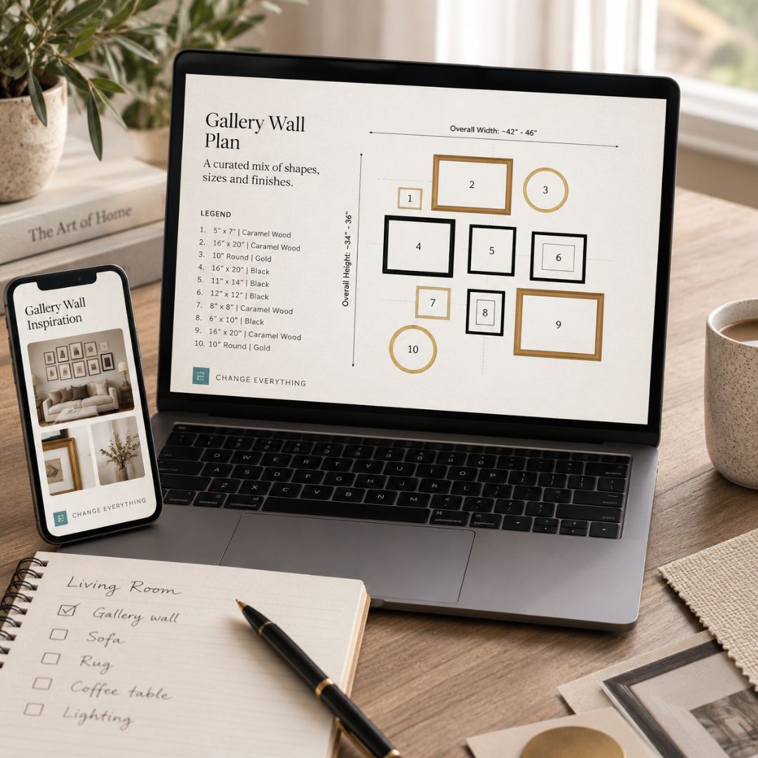 A laptop and phone display a gallery wall plan template with labeled boxes and measurements, styled on a desk with an open notebook, pen, books, and a mug in a bright interior setting.