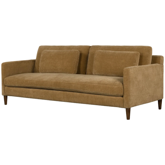 The Gina Mustard Sofa is a mid-century modern piece with a rectangular design and tufted cushions made of distressed velvet. It has two back cushions, one seat cushion, four wooden legs, and straight, slightly elevated arms for a minimalist look.