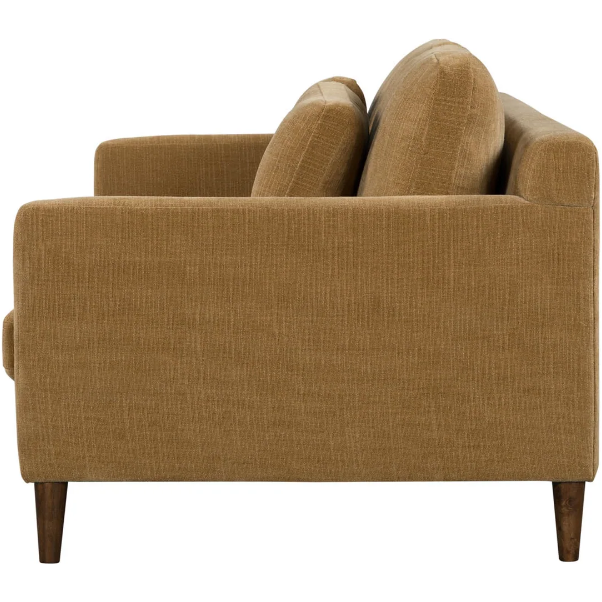 The Gina Mustard Sofa features a side view in light brown fabric, embodying mid-century modern style with clean lines, two seat cushions, and tapered wooden legs. A subtle textured pattern enhances its contemporary design along with the sophistication of distressed velvet.