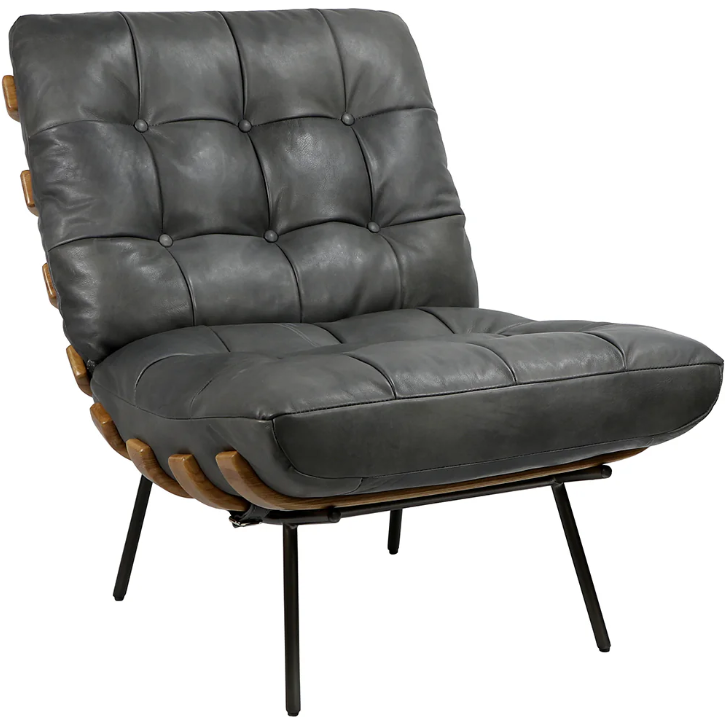 The Lance Lounge Accent Chair is a contemporary work of art, boasting a gray button-tufted leather seat and backrest. Its wooden frame features gracefully curved side segments, complemented by sleek black metal legs that enhance its stylish mid-century modern design.