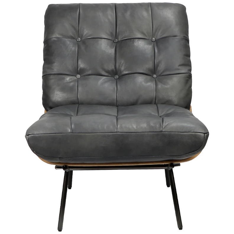 The Lance Lounge Accent Chair embodies sleek, mid-century modern aesthetics with a dark grey button-tufted leather backrest and seat, showcasing intricate button detailing. It features outward-angled black metal legs and a visible wooden frame for a minimalistic yet contemporary design.