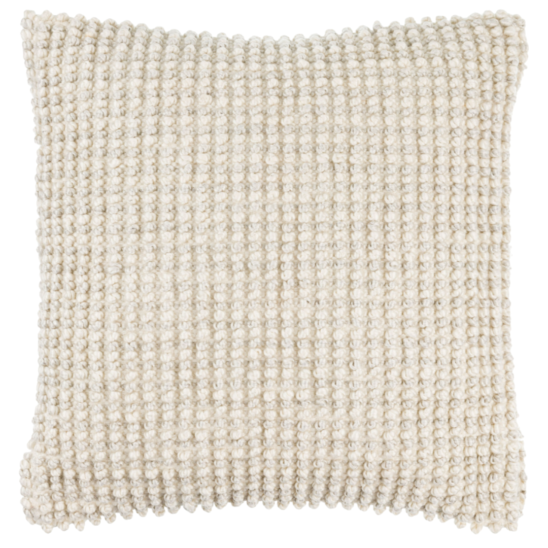 The Harold Hand Woven Pillow is a square, off-white polyester throw pillow with a chunky knit texture, featuring a grid of small loops and soft edges. Durable and cozy, it's outdoor safe for versatile use.