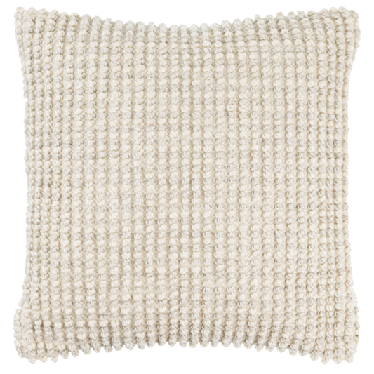 The Harold Hand Woven Pillow is a square, off-white polyester throw pillow with a chunky knit texture, featuring a grid of small loops and soft edges. Durable and cozy, it's outdoor safe for versatile use.