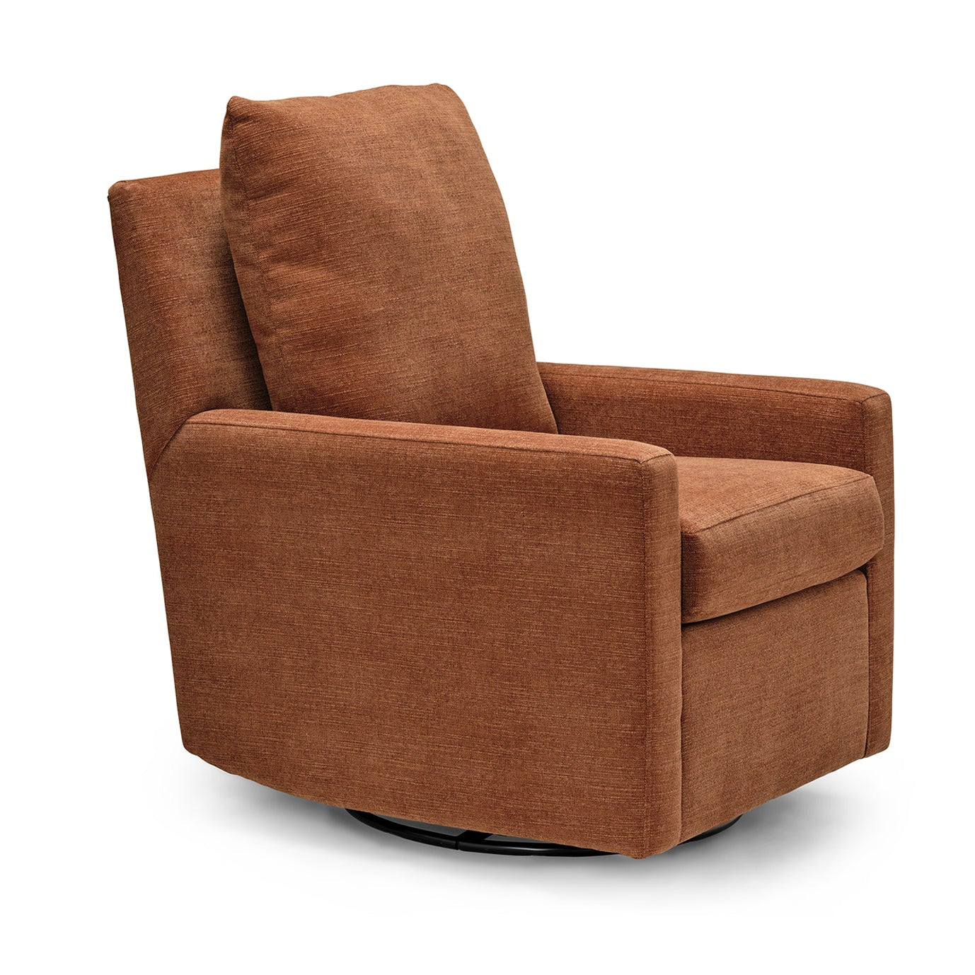 A brown upholstered swivel recliner chair with a high back and matching back cushion, shown on a plain white background.