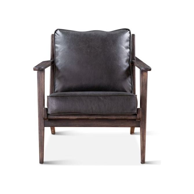 A Dalton Rustic Leather Armchair with a dark wooden frame and plush, distressed leather cushions. The chair features a high backrest and a thick seat cushion, and it is isolated on a white background.