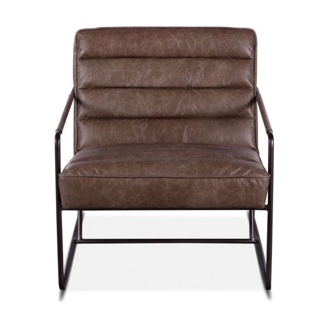A modern Dusty Leather Accent Chair with a metal frame, featuring horizontal tufting on the backrest and seat, isolated on a white background.