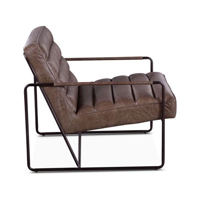 A modern armchair with a sleek black metal frame and plush, tufted dusty leather cushions. The chair features wide armrests and a streamlined industrial design.