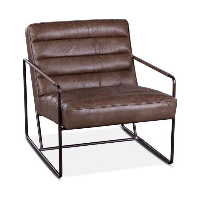 A modern armchair with a sleek, black metal frame and plush, tufted Dusty Leather upholstery. The chair design is simple with clean lines, featuring armrests and a comfortable deep seat.