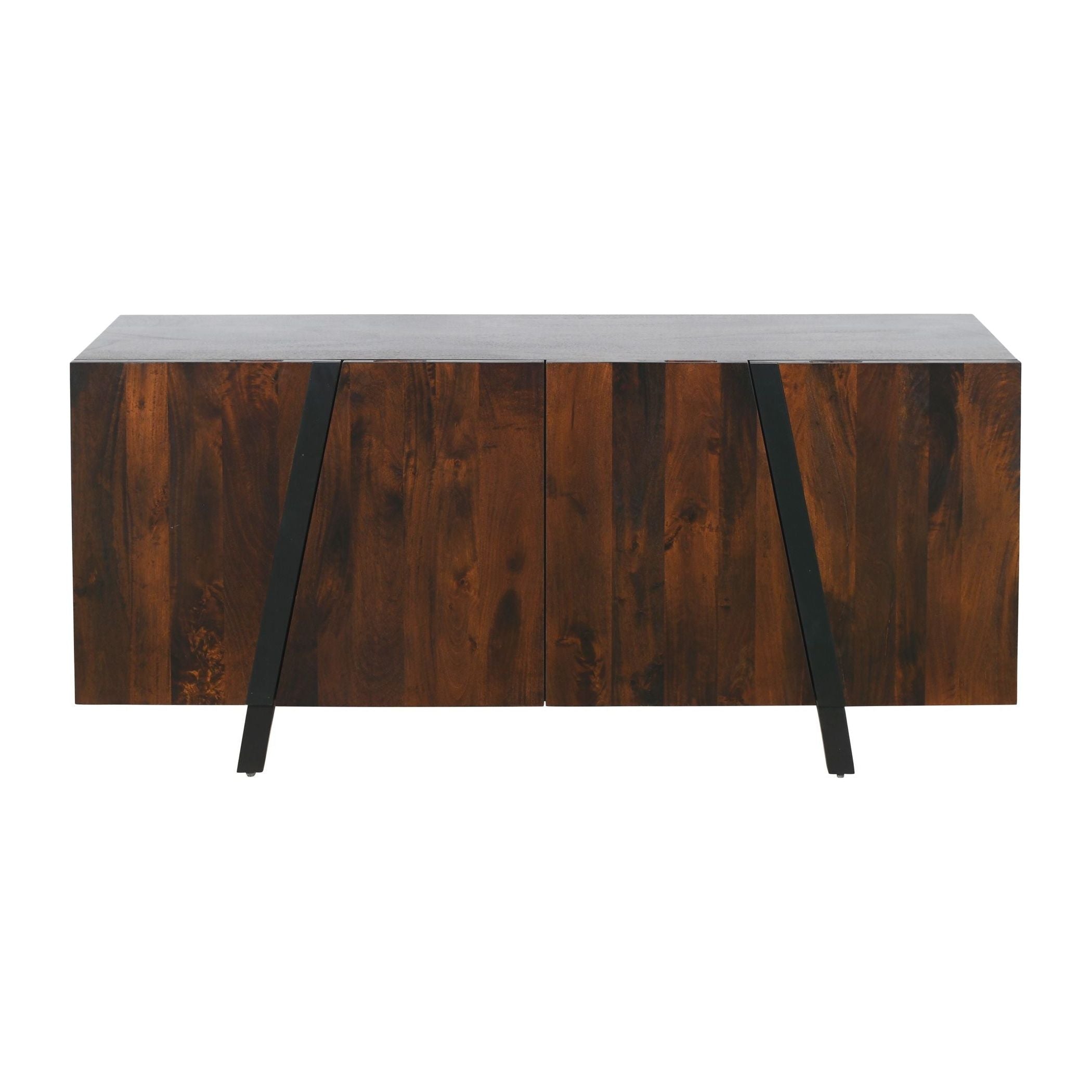 Product Name: Xavier Sideboard

Sentence: A sleek, contemporary Xavier Sideboard that enhances any living space with its rich, dark brown finish. It features a smooth rectangular top and is supported by two angular black metal legs positioned at each end.