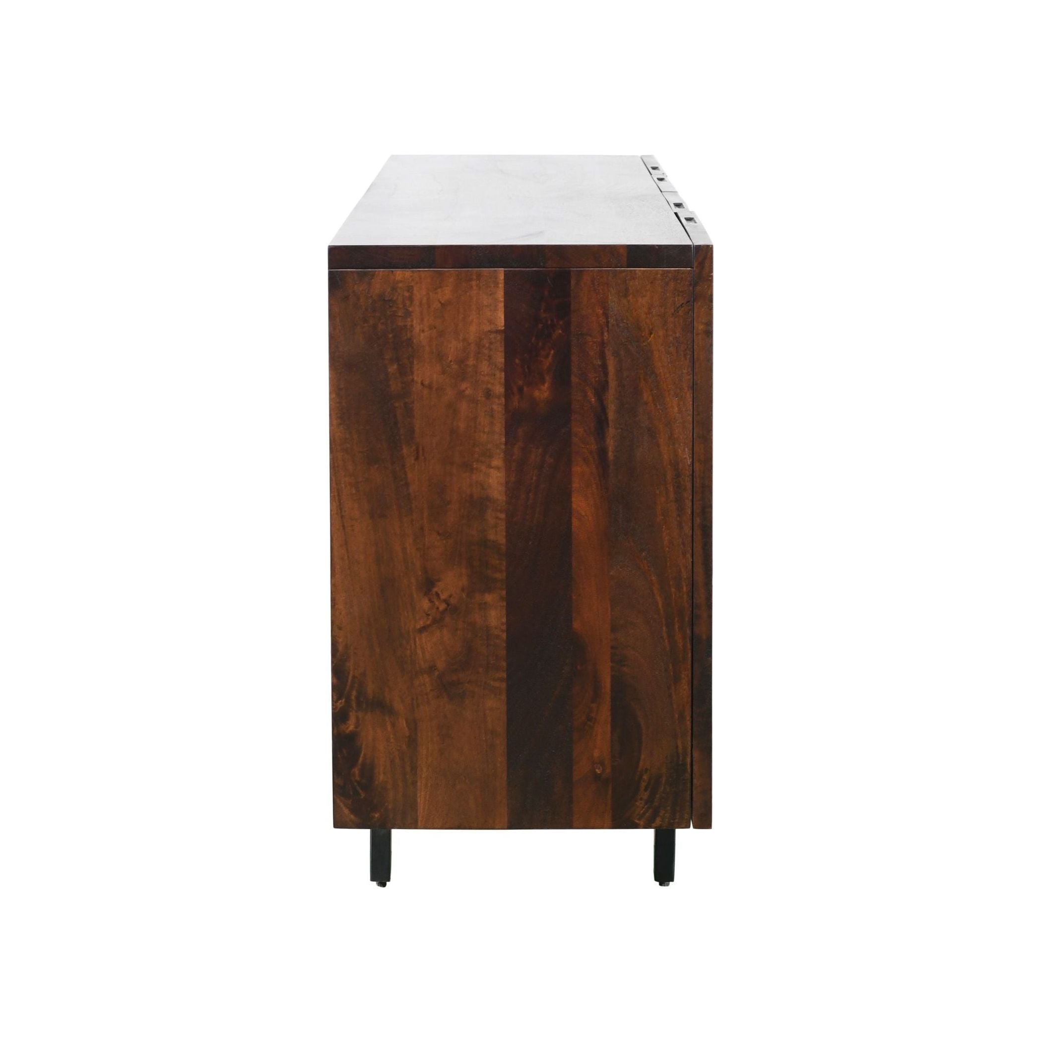 A Dark Walnut Sideboard with a smooth, dark brown finish and visible natural grain patterns. It features ample storage space, a flat top surface, vertical rectangular shape, and stands on four short, black metal legs.
