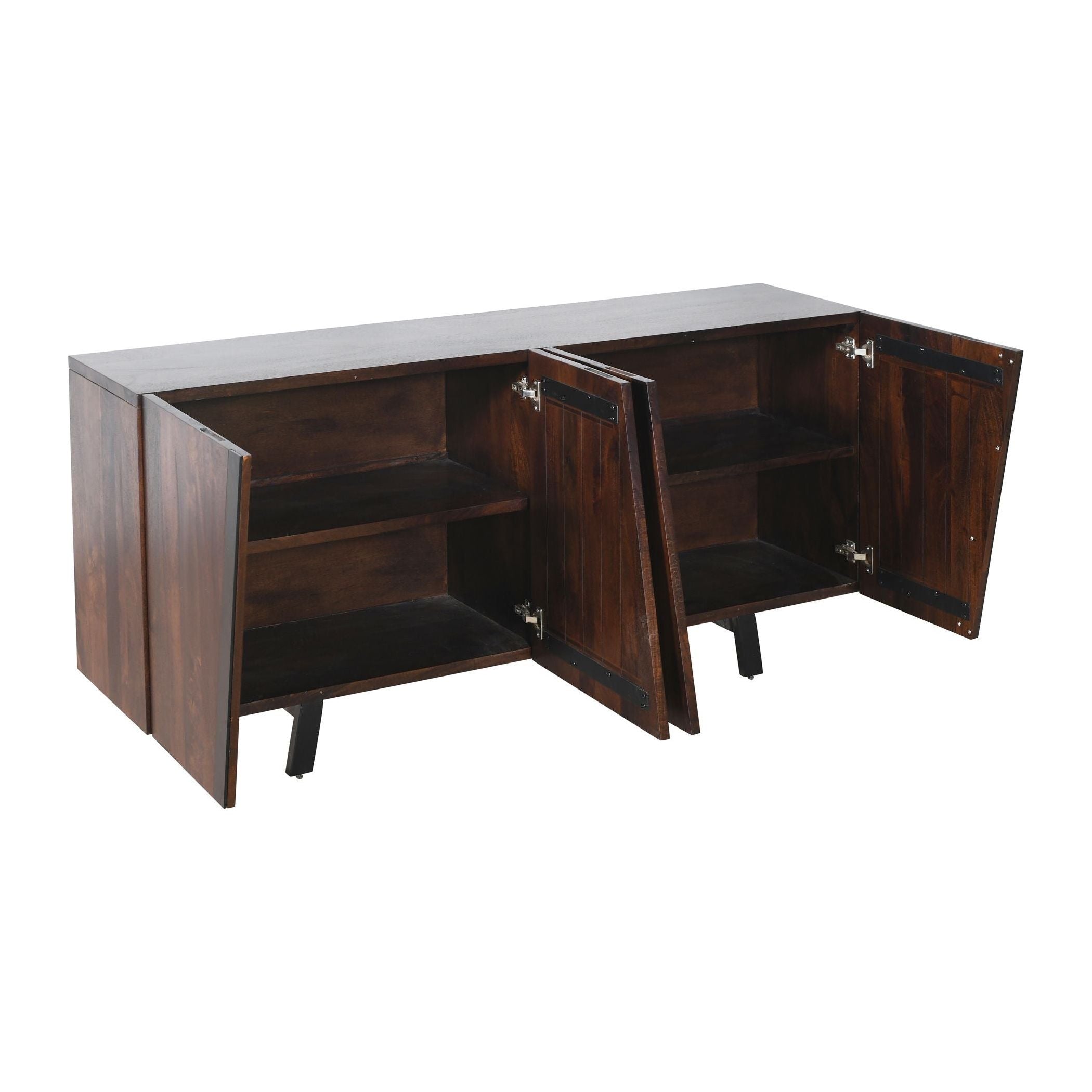 The Lexington Dark Walnut Sideboard with a rectangular top and elevated legs, featuring three open doors revealing interior shelves. Each door is fitted with metal hinges and knobs, showing a clean and organized internal storage.