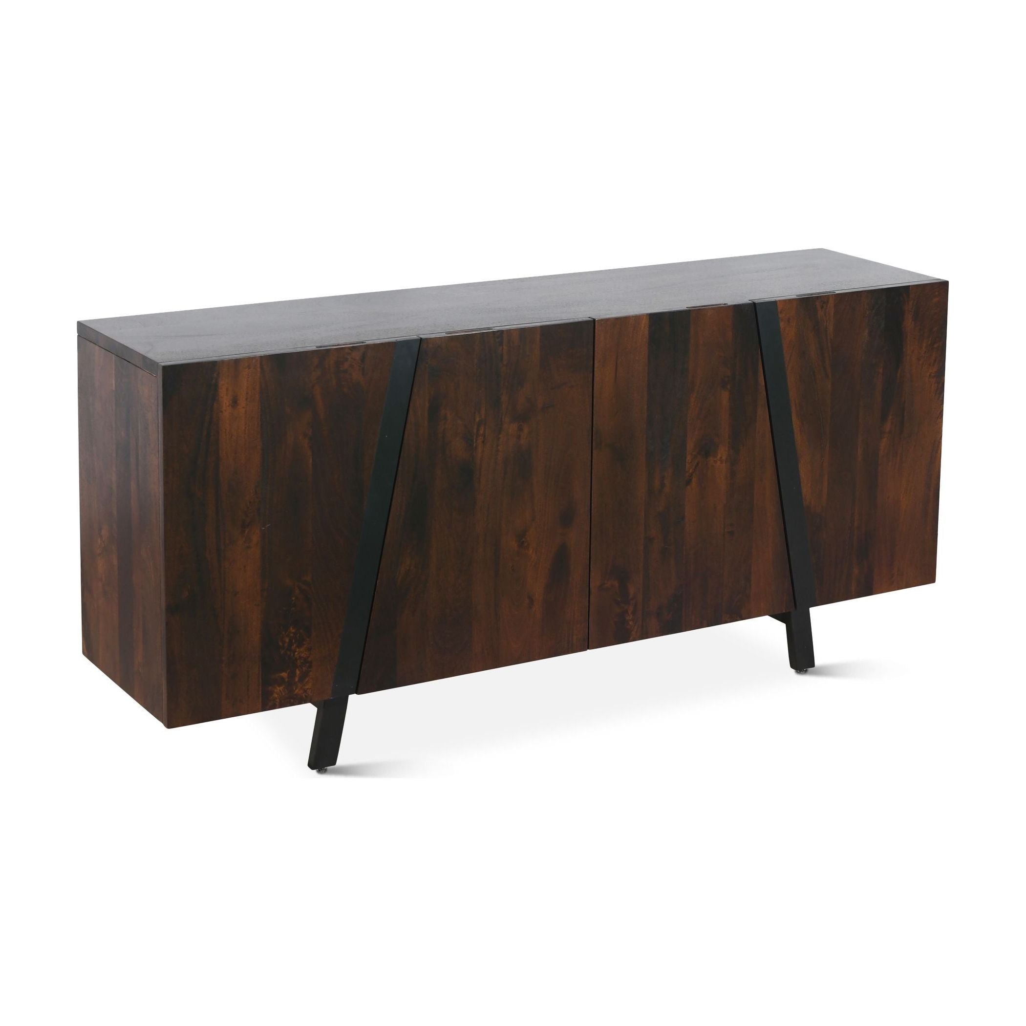 A sleek, modern Hafley Dark Walnut Sideboard with a dark wood finish and a minimalistic design featuring a flat top, angular metal legs, and three invisible doors for storage. The background is plain white, emphasizing the furniture's clean lines and rich hue.