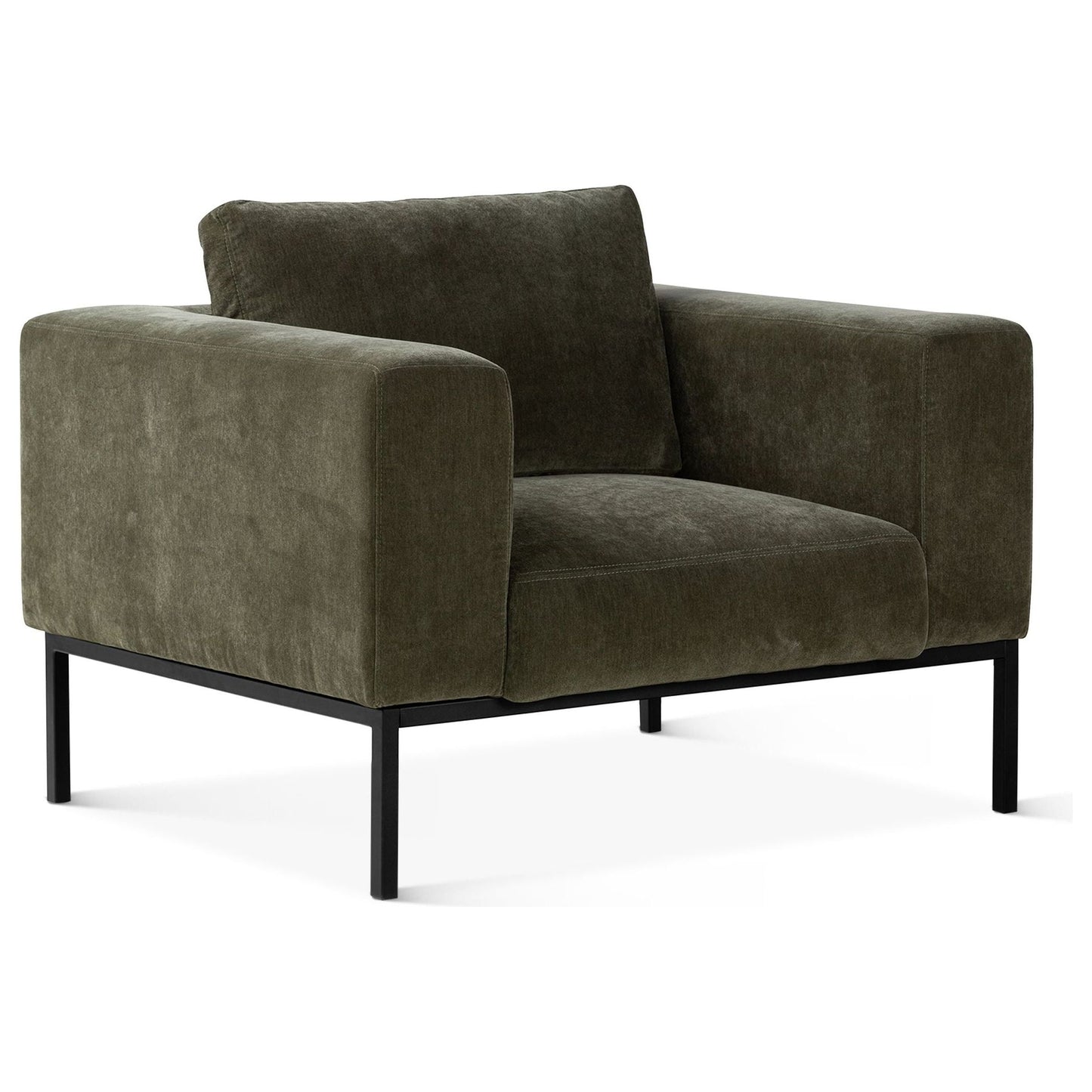 A modern olive green chenille fabric armchair with plush cushions and a minimalist black metal frame, set against a plain white background. The Stewart Accent Chair has a sleek, contemporary aesthetic with clean lines and a luxurious texture.