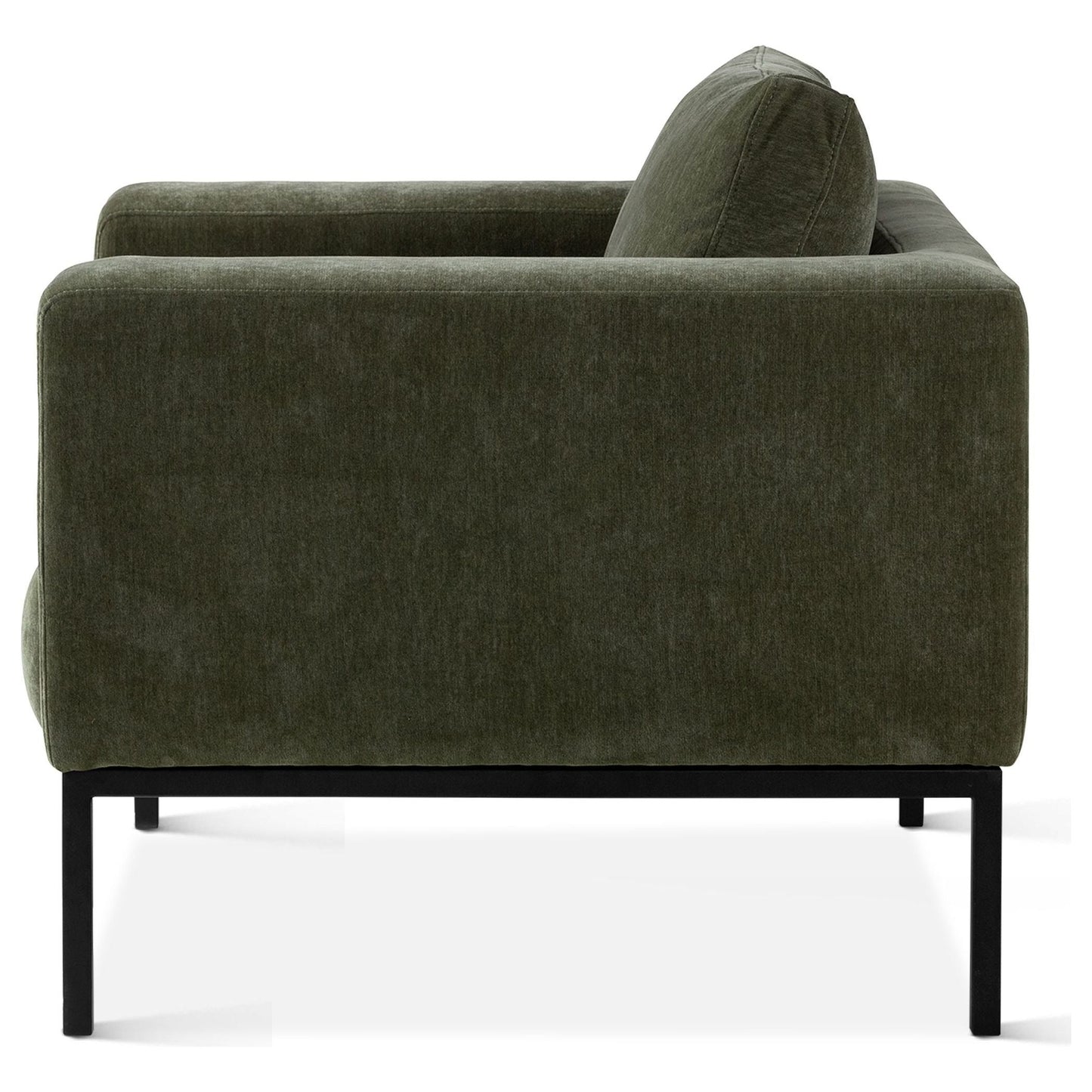 A modern Stewart accent chair in olive green chenille fabric with a smooth texture, featuring a robust, minimalistic design, a rounded backrest, and a single cylindrical side cushion. The chair stands on four sleek black metal legs, isolated on a white background.