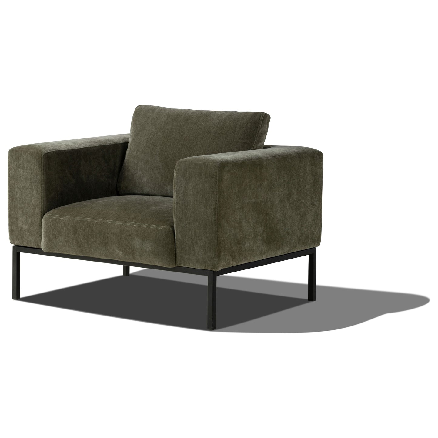 A Stewart Accent Chair with a contemporary aesthetic olive green chenille fabric, sleek black metal frame, and square design, isolated on a white background.