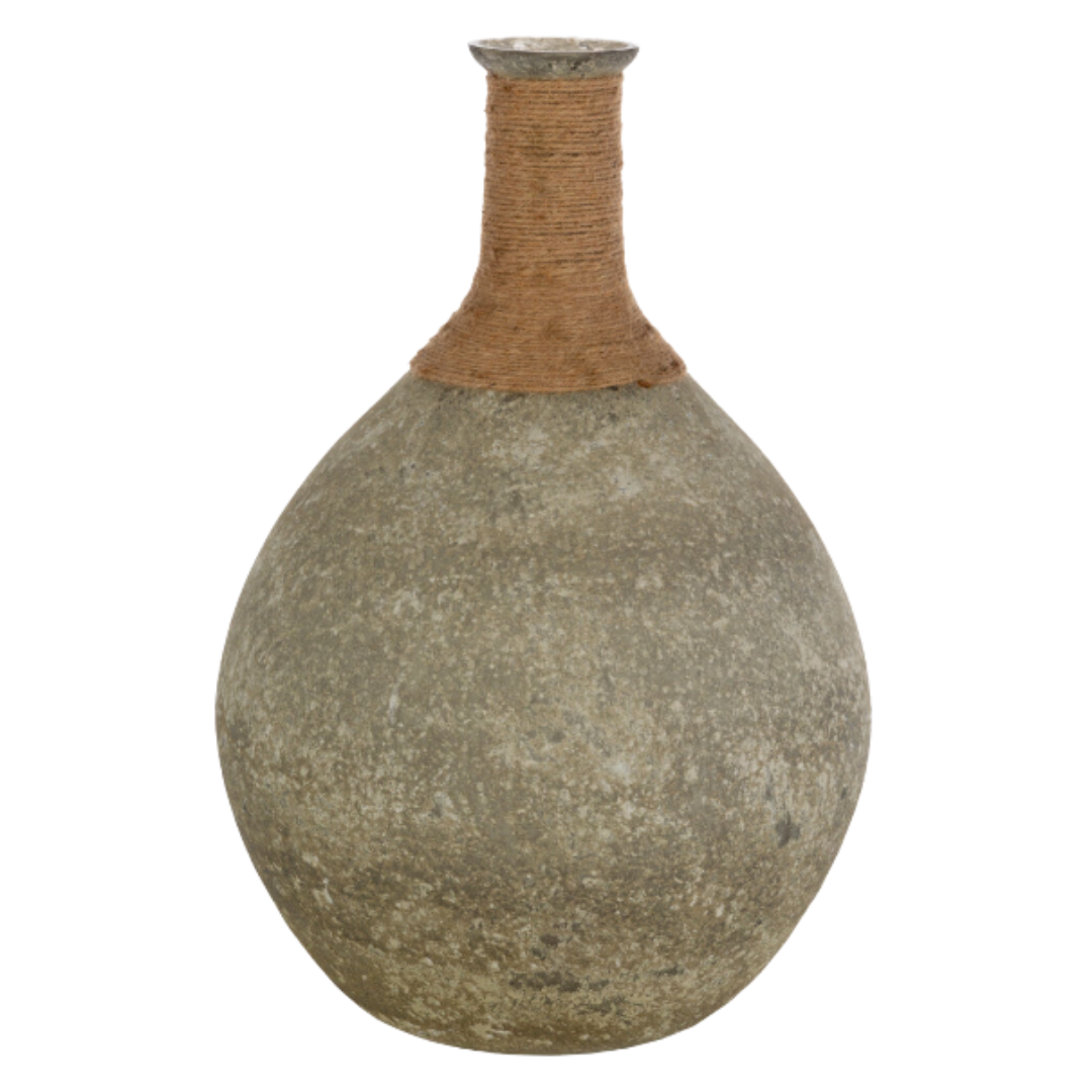 The Junalie Sage Marbled Glass Vase features a large, round form with a narrow neck wrapped in natural jute. Its smooth, marbled glass body contrasts beautifully with the rustic jute top for a handmade look.