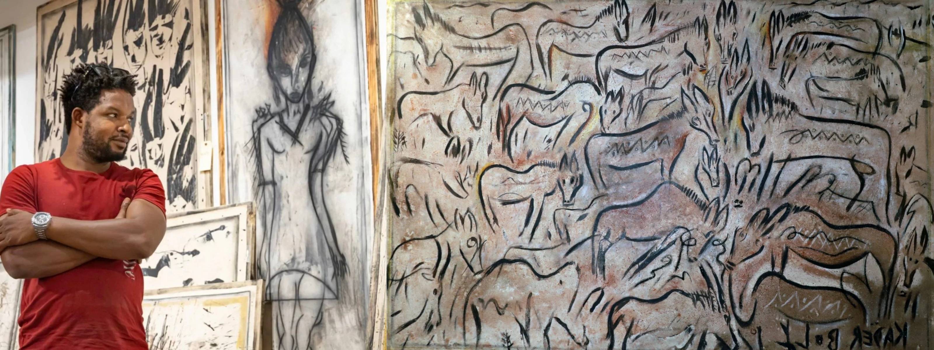 Person standing in front of abstract artwork with animals and geometric shapes.