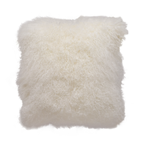 The Lamb Fur Pillow features a fluffy, curly wool texture exuding elegance. Its Tibetan lamb fur creates a plush, cloud-like look with various curls and waves, offering a luxurious and inviting touch of sophistication against a plain white background.