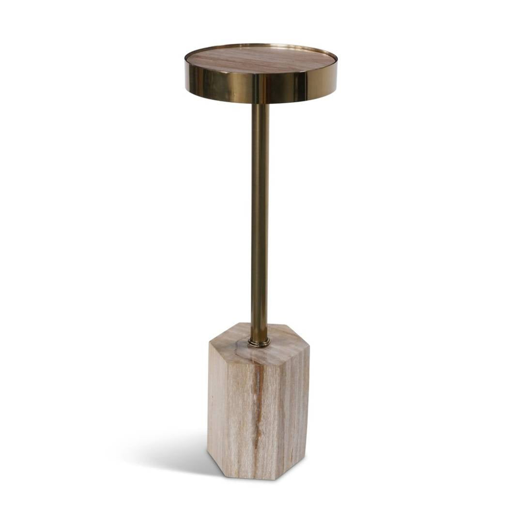 Small side table with brass base and wooden top on a white background