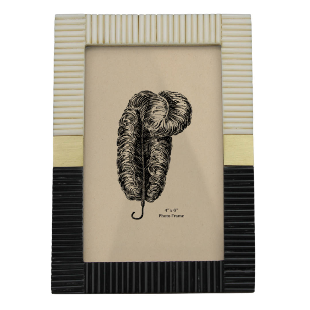 The Marcelle Two-Tone Photo Frame features an Art Deco design with a black and white striped border and a textured, curling feather illustration against a beige background. It elegantly displays "4 x 6 Photo Frame" below the feather.
