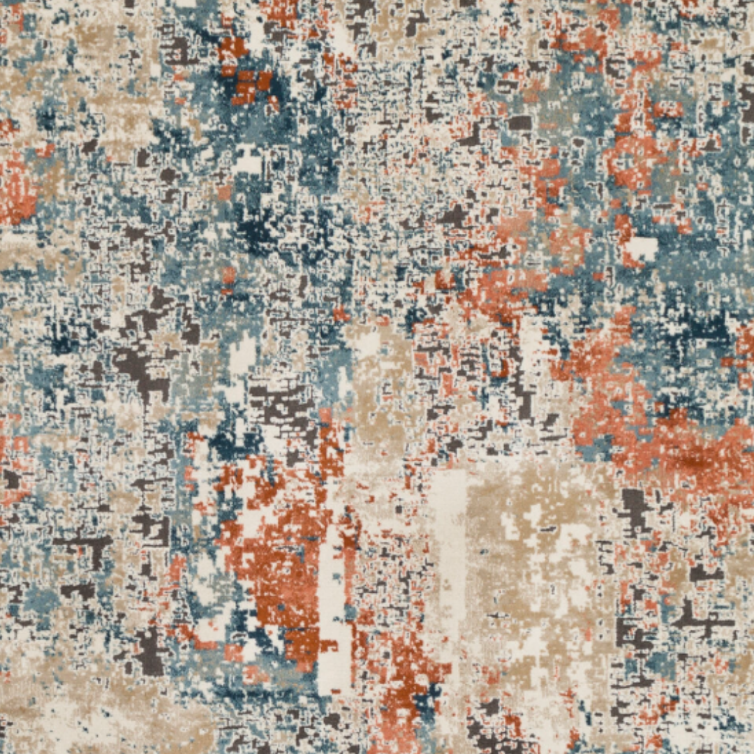 The Aurora Machine Woven Rug features a textured, pixelated design in blue, orange, beige, cream, and brown. Made of polypropylene fibers, it's perfect for transitional spaces with its modern and artistic color blend.