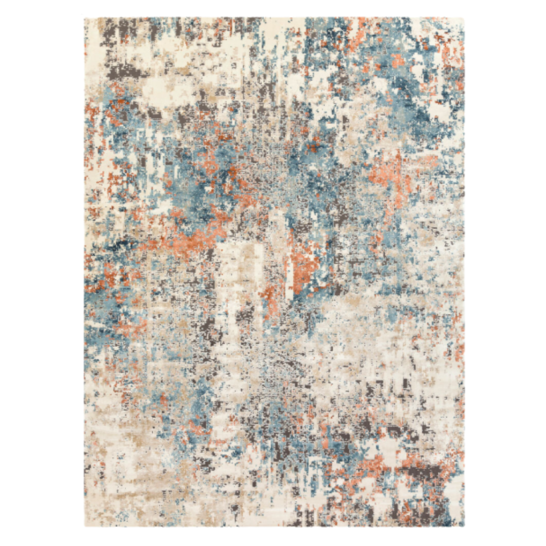 The Aurora Machine Woven Rug features an abstract distressed pattern in blue, orange, beige, and gray on a cream background. Made of polypropylene, it brings a modern artistic touch to transitional spaces.