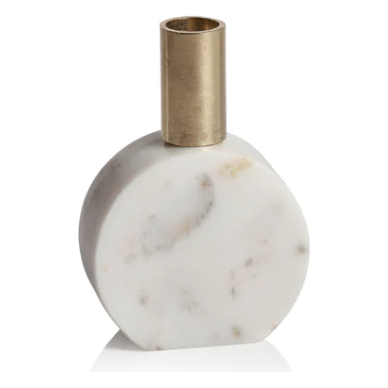 Add a touch of elegance to your home decor with the Morphinan Marble Candle Holders (Set of 3), each featuring a small, round base made of white marble with delicate gray and beige veining. The short, cylindrical brass holders are designed not only for candles but also to hold single flower stems, blending modern aesthetics with classic accents.