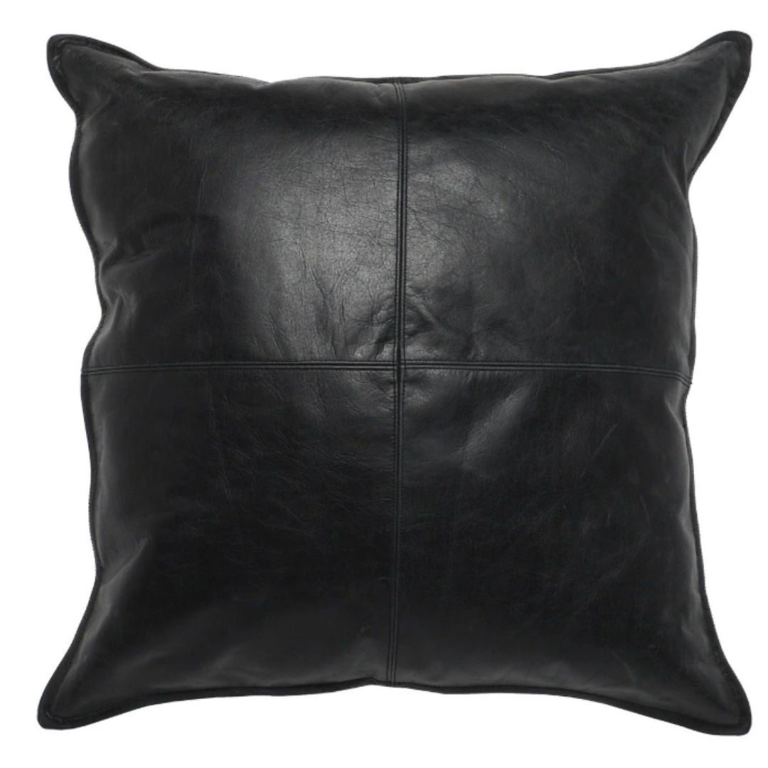 The Onyx Leather Throw Pillow, a luxurious 22x22 black leather cushion, features visible stitching creating an elegant cross pattern. Its shiny finish and plump look are enhanced by a feather and down insert, beautifully displayed against a plain white background.