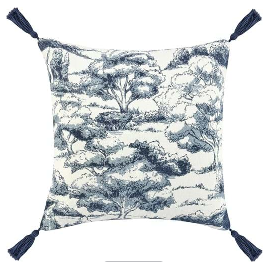The Presley Stonework Denim Throw Pillow features a 22x22 white background with a blue toile-style landscape print, dark blue tassels on each corner, and a luxury feather down insert for a classic, elegant touch.