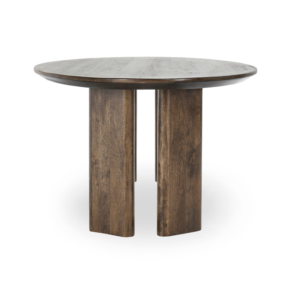 Round wooden table with a white background