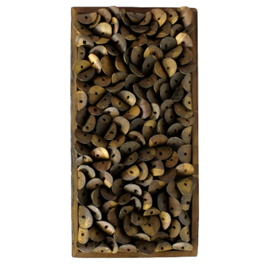 The Remarque Wood Wall Décor is a rectangular wooden box crafted from reclaimed wood, containing numerous small, brown, crescent-shaped objects with central holes. These are tightly packed in an organic pattern and feature a charming natural wood finish perfect for unique wall décor.
