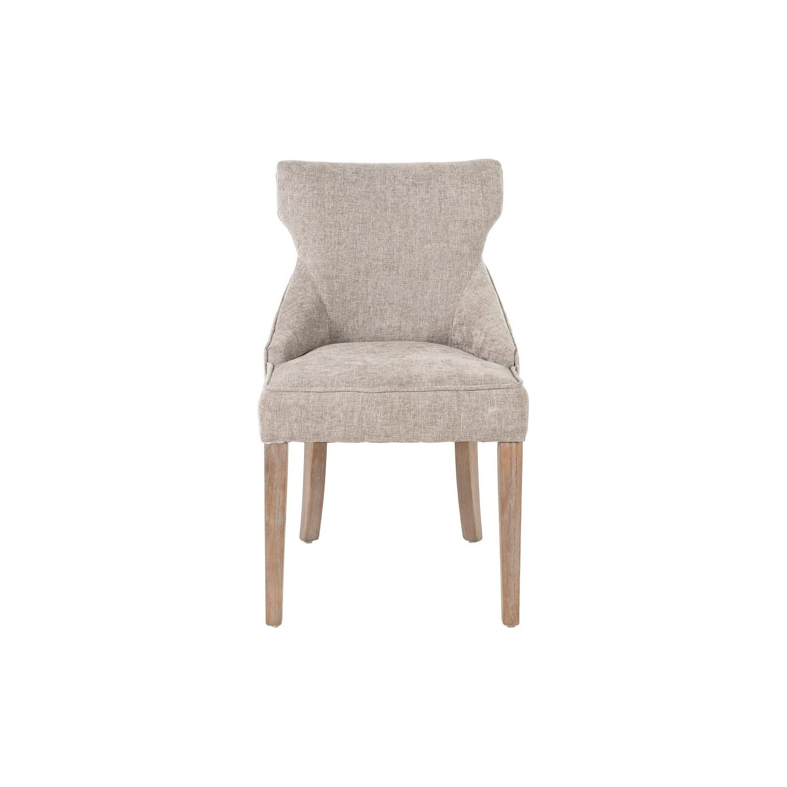 The Garet Dining Chair showcases gray upholstery with a cushioned seat and backrest. Its smooth curves along the backrest and gently sloping armrests blending seamlessly into the back, complemented by four reclaimed oak legs with a natural finish, create a minimalist and contemporary design.