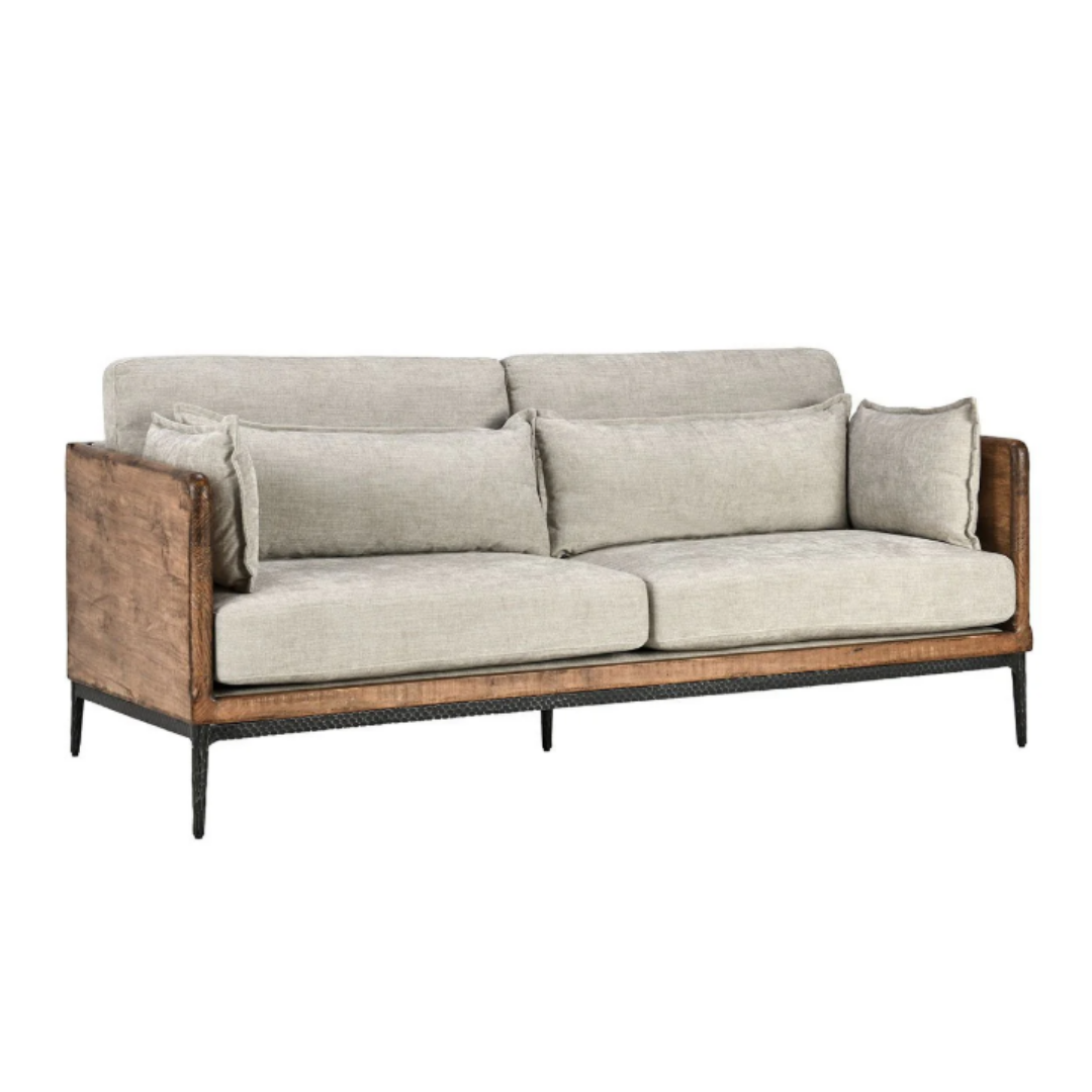 Meet the Saville Upholstered Sofa: a modern masterpiece featuring a sleek wooden frame, light gray polyester fabric cushions, three back and two seat cushions, plus rectangular side pillows. Accented with metal legs and crafted from reclaimed pine, it embodies minimalist elegance.