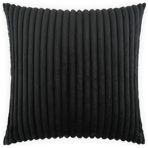 The Theo Jet Throw Pillow is a 22x22" square black pillow with a ribbed corduroy texture, vertical ridges, soft velvety finish, clean edges, and a plush feather and down insert for luxurious comfort.