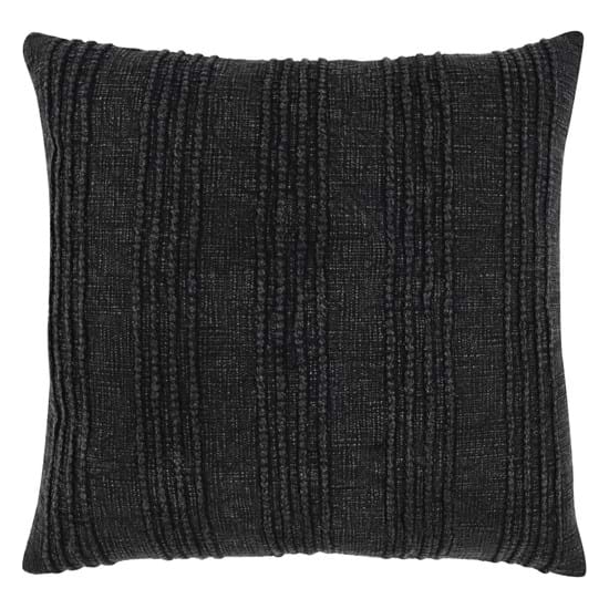 A square, black Ezra Black Throw Pillow with a textured fabric featuring vertical, ribbed lines. The cushion has a subtle sheen, highlighting the pattern. Filled with a feather and down insert for added luxury, the design appears modern and is perfect for contemporary decor. The edges are neatly finished, giving it a polished look.