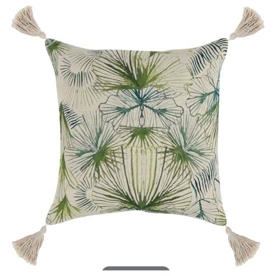 The Harrison Green/Natural Throw Pillow features green and blue palm leaves on a cream background, beige tassels at each corner, and a plush feather and down insert for bohemian-inspired comfort.