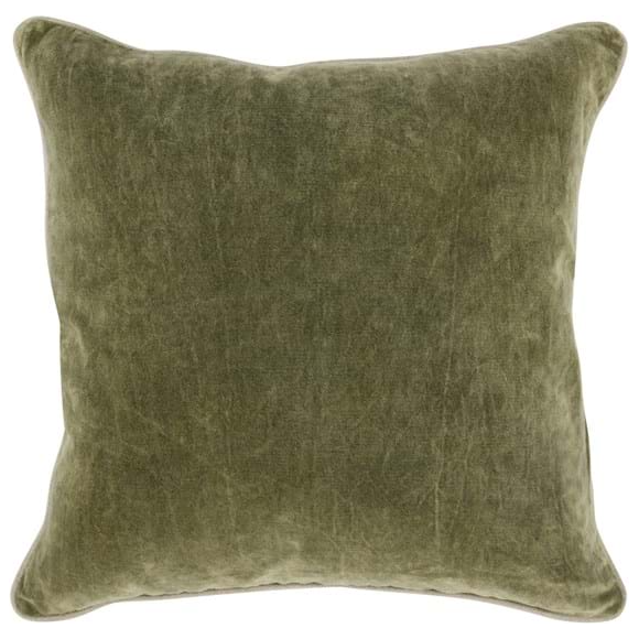 The Velvet Moss Throw Pillow features an olive green, square velvet cover with a soft, plush texture and luxury feather-down insert. Its slightly rounded edges and matte finish create a cozy, inviting look against a plain white background.