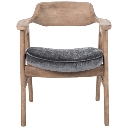 The Vintage Dining Chair in medium gray/pewter features a distressed wood build with a curved backrest and armrests. Its plush, dark gray upholstered seat complements the natural wood finish, offering rustic charm on four straight legs. The gently rounded cushion enhances its minimalist appeal.