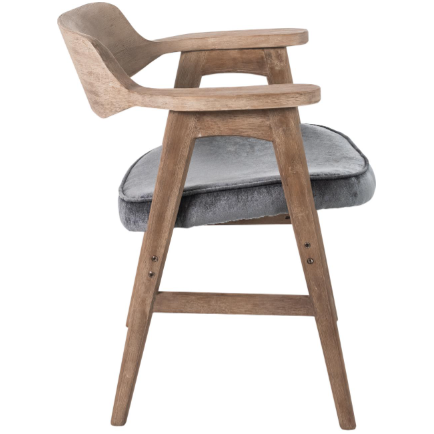 Side view of the Vintage Dining Chair, Medium Gray/Pewter, with a curved backrest and armrests. It has angled legs, a minimalist design, and a plush gray upholstered seat for comfort. Its natural wood finish and modern aesthetic suit contemporary interiors.