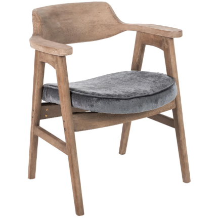 The Vintage Dining Chair in Medium Gray/Pewter offers rustic charm with its wooden frame, curved backrest, and armrests. It features a plush upholstered seat in gray fabric and slightly angled legs with a distressed wood finish that embrace mid-century modern elegance.